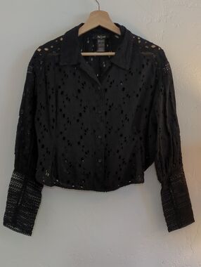 Mes Demoiselles Black Eyelet Shirt with Textured Cuffs - Size 1